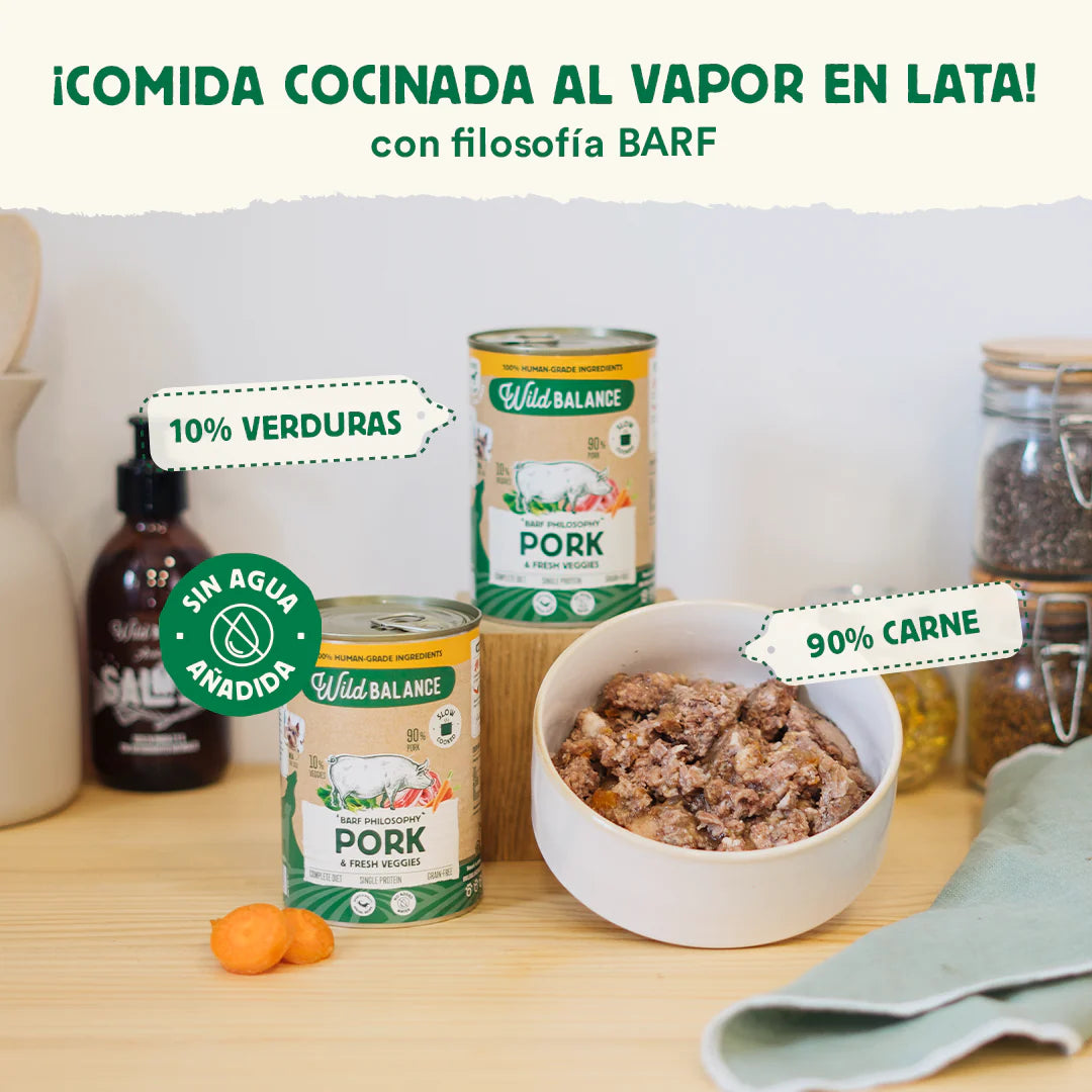 Carne de porco enlatada com vegetais – refeição cozida a vapor da Wild Balance