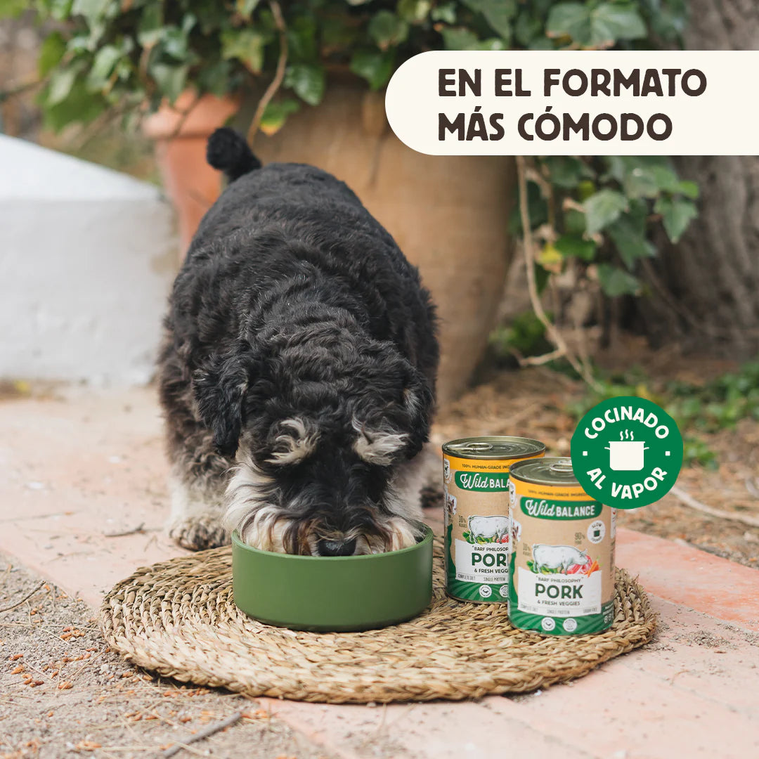 Carne de porco enlatada com vegetais – refeição cozida a vapor da Wild Balance