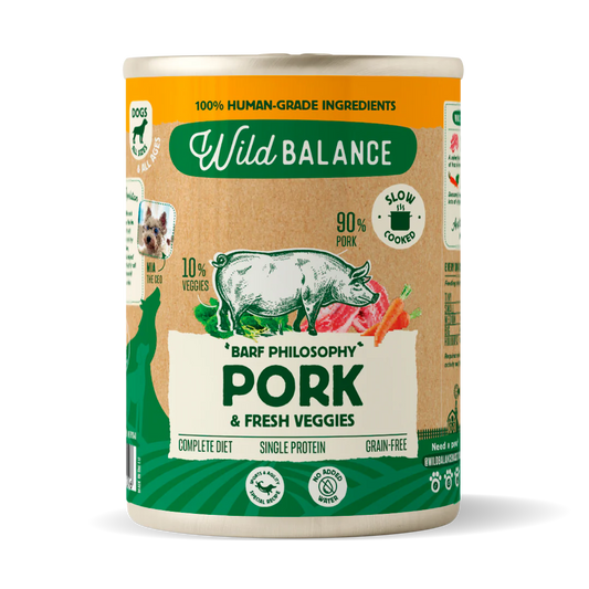 Carne de porco enlatada com vegetais – refeição cozida a vapor da Wild Balance
