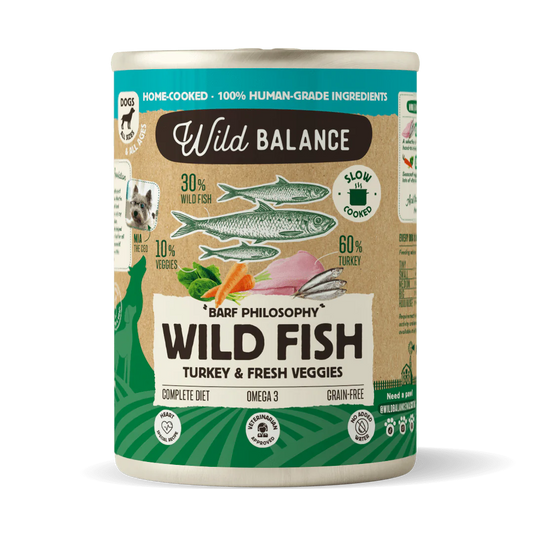Lata de Pescado y Pavo – Comida cocinada al vapor de Wild Balance - Para Perros