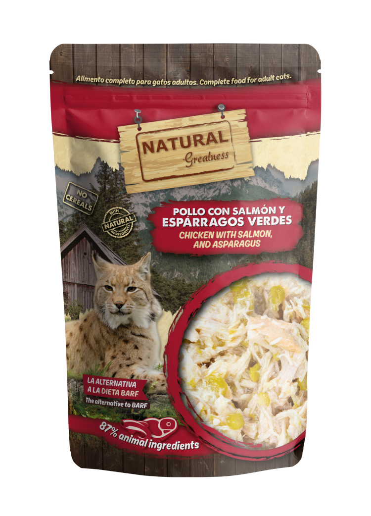 Natural Greatness - Pollo con salmón y espárragos verdes - Alimento completo para gatos adultos