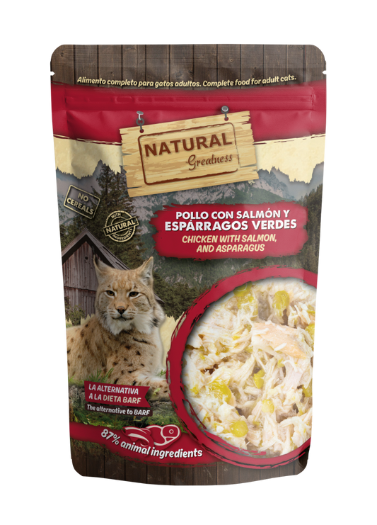 Natural Greatness - Pollo con salmón y espárragos verdes - Alimento completo para gatos adultos
