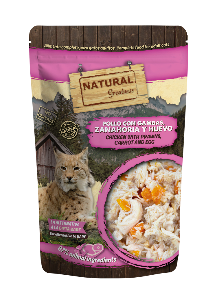 Natural Greatness - Pollo con gambas, zanahoria y huevo - Alimento completo para gatos adultos