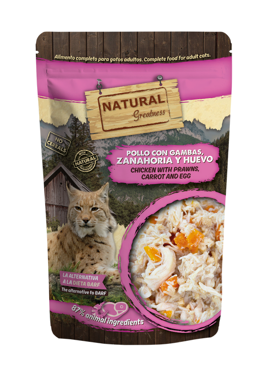 Natural Greatness - Pollo con gambas, zanahoria y huevo - Alimento completo para gatos adultos