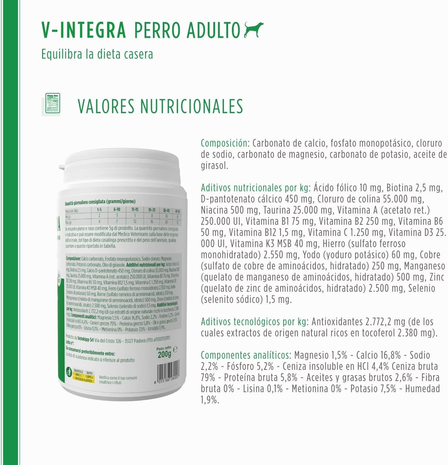 V-Integra Perro Adulto 200g, Suplemento Completo Rico en Vitaminas y Minerales para Equilibrar Dieta Casera y Barf