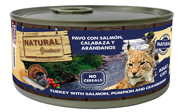 Natural Greatness - Pavo con Salmón, Calabaza y Arándanos - Lata para gatos adultos
