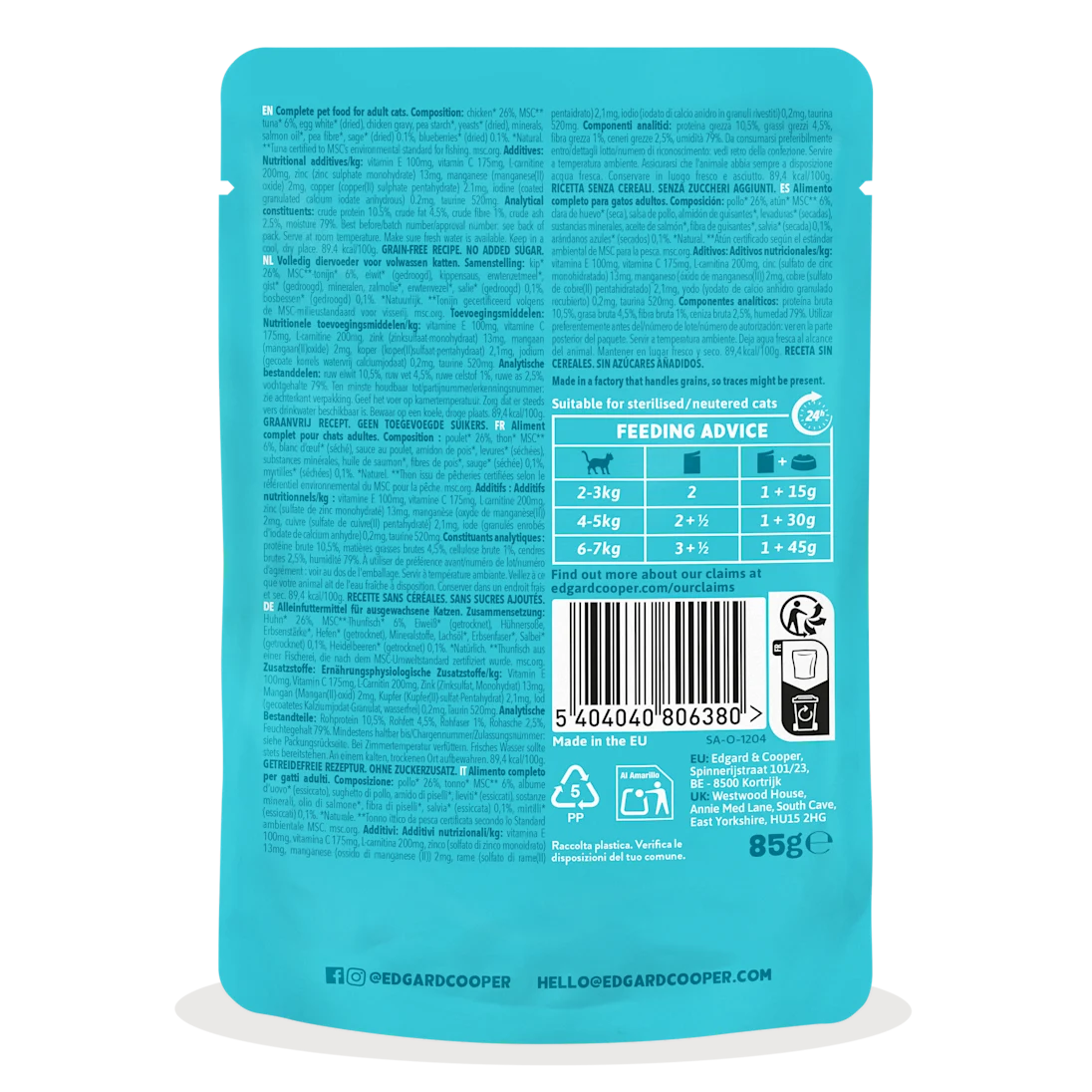 Edgard & Cooper |Atún y Pollo en salsa | Pouches 85g para gato