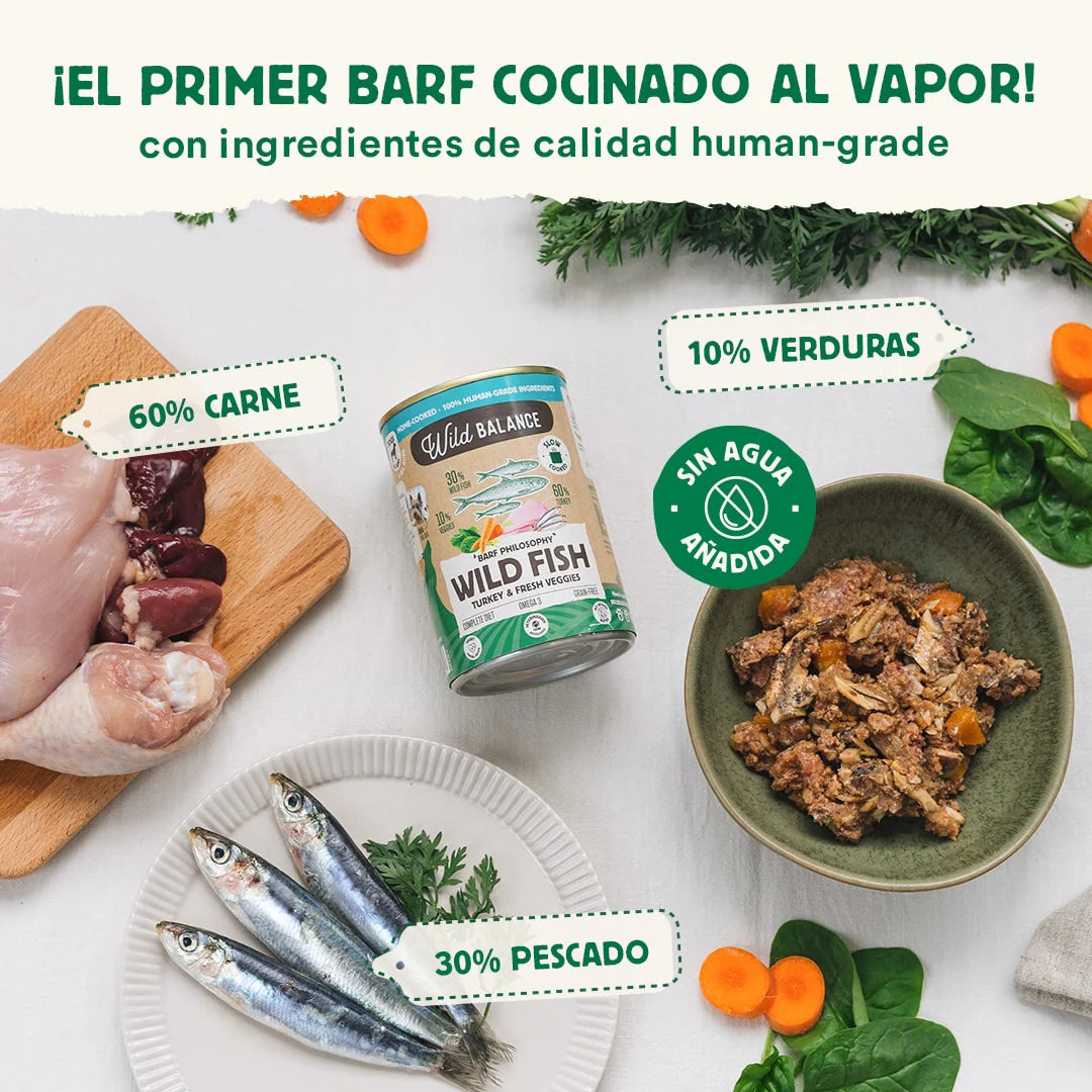 Lata de Pescado y Pavo – Comida cocinada al vapor de Wild Balance - Para Perros