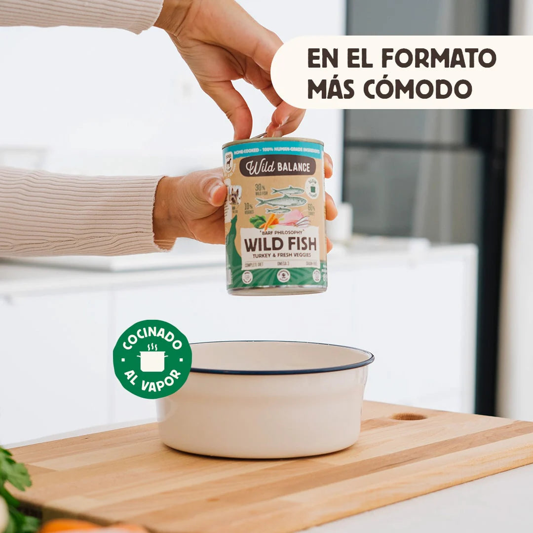 Lata de Pescado y Pavo – Comida cocinada al vapor de Wild Balance - Para Perros