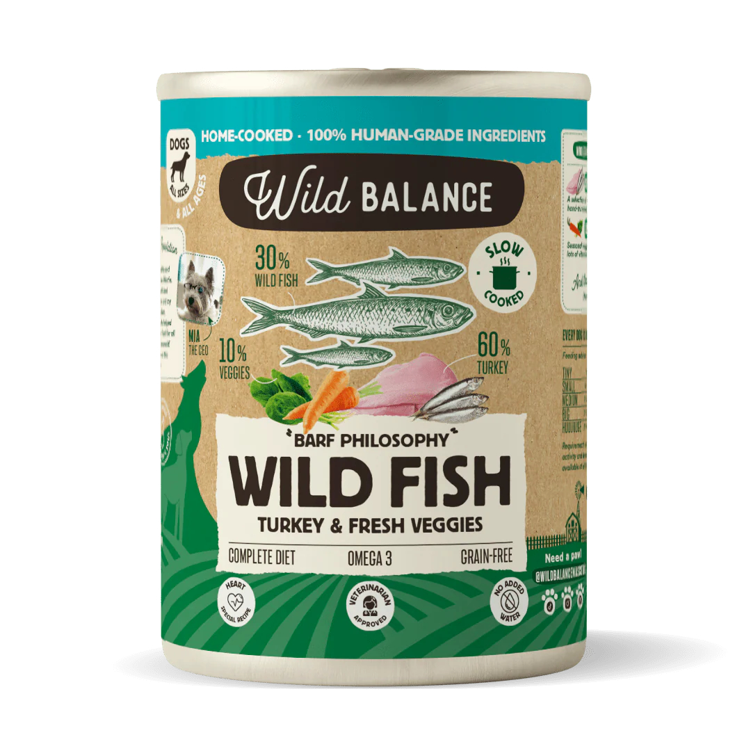 Lata de Pescado y Pavo – Comida cocinada al vapor de Wild Balance - Para Perros