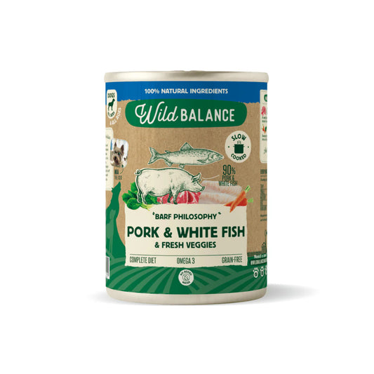 Lata de Cerdo y Merluza para perros 400g - Comida cocinada al vapor de Wild Balance - Para Perros