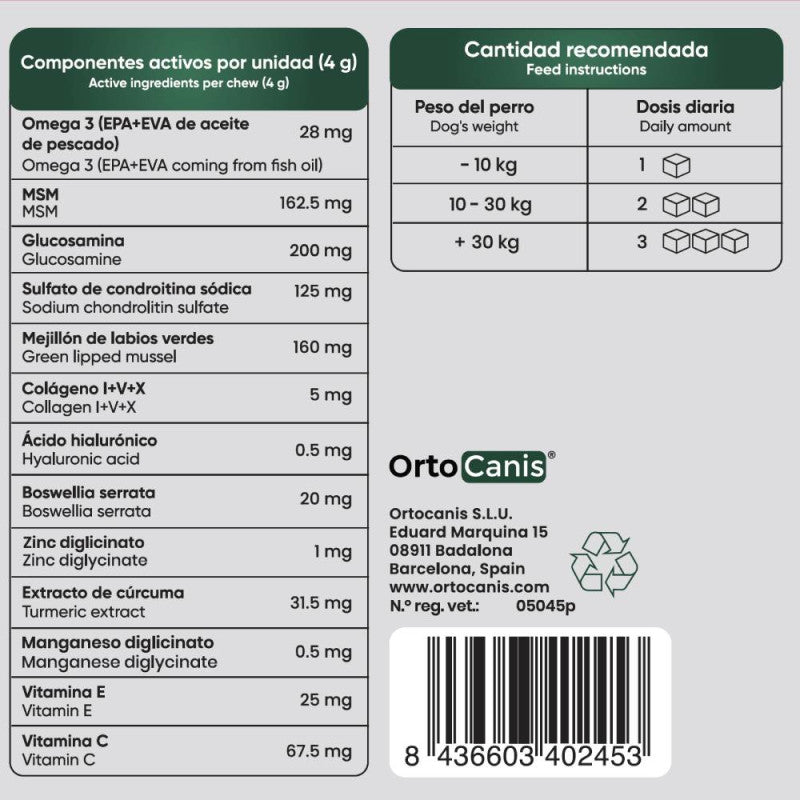 Ortocanis | Suplemento nutricional para las articulaciones del perro | Bote 110 chews